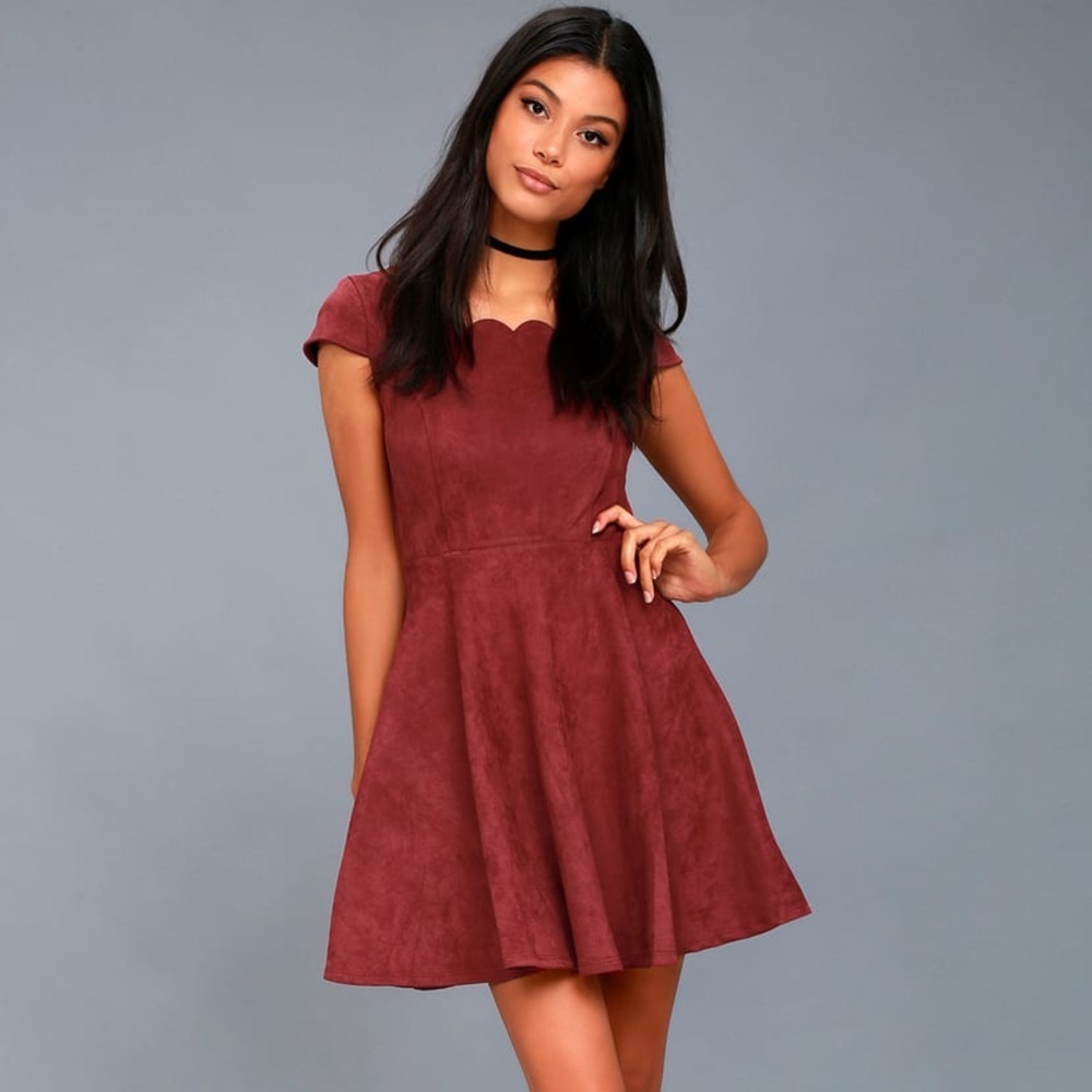 Lulu’s Dearest Dreams Wine Red Suede Skater Dress in Size XS